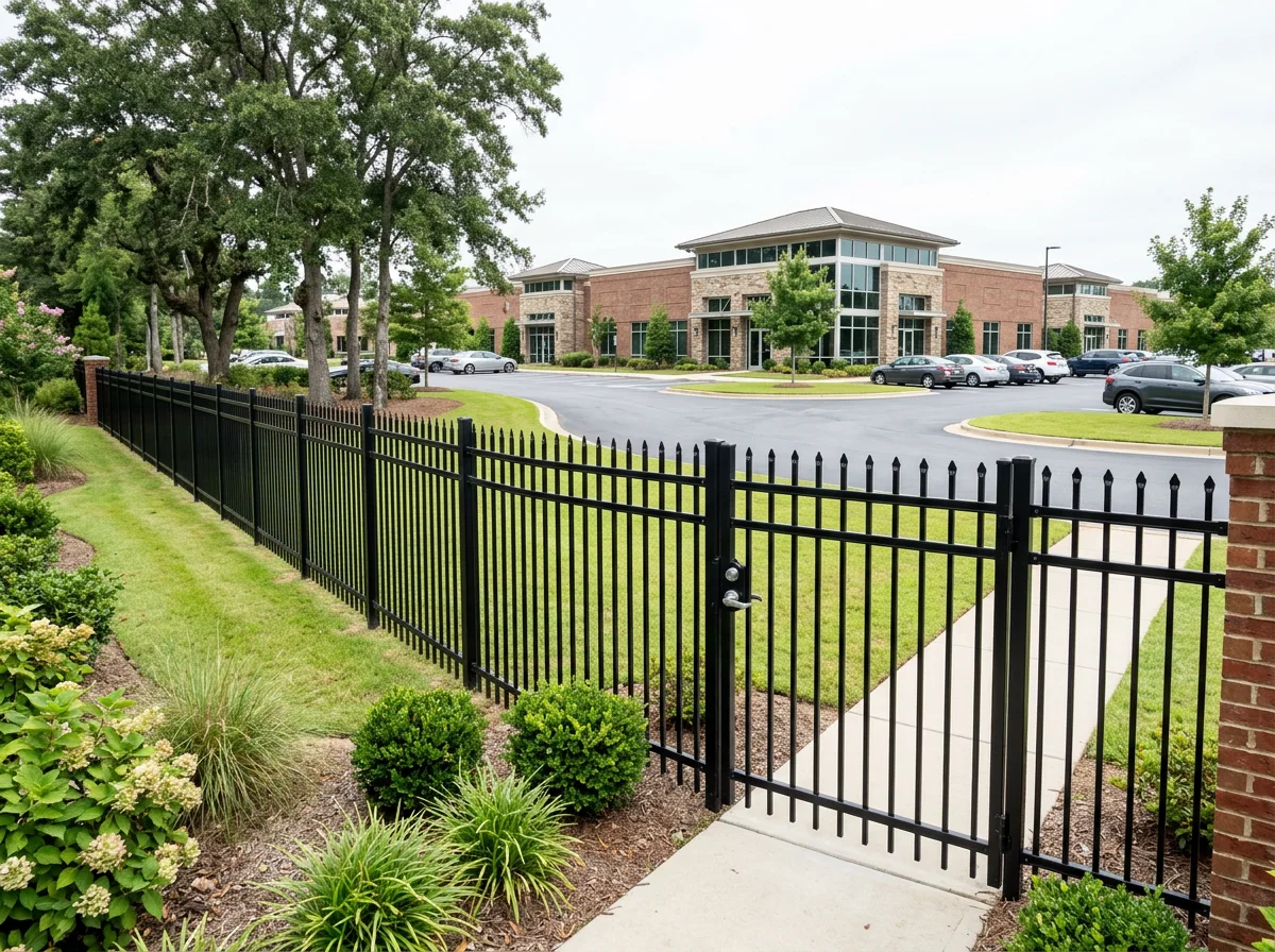 Black aluminum fence surrounding a commercial office park