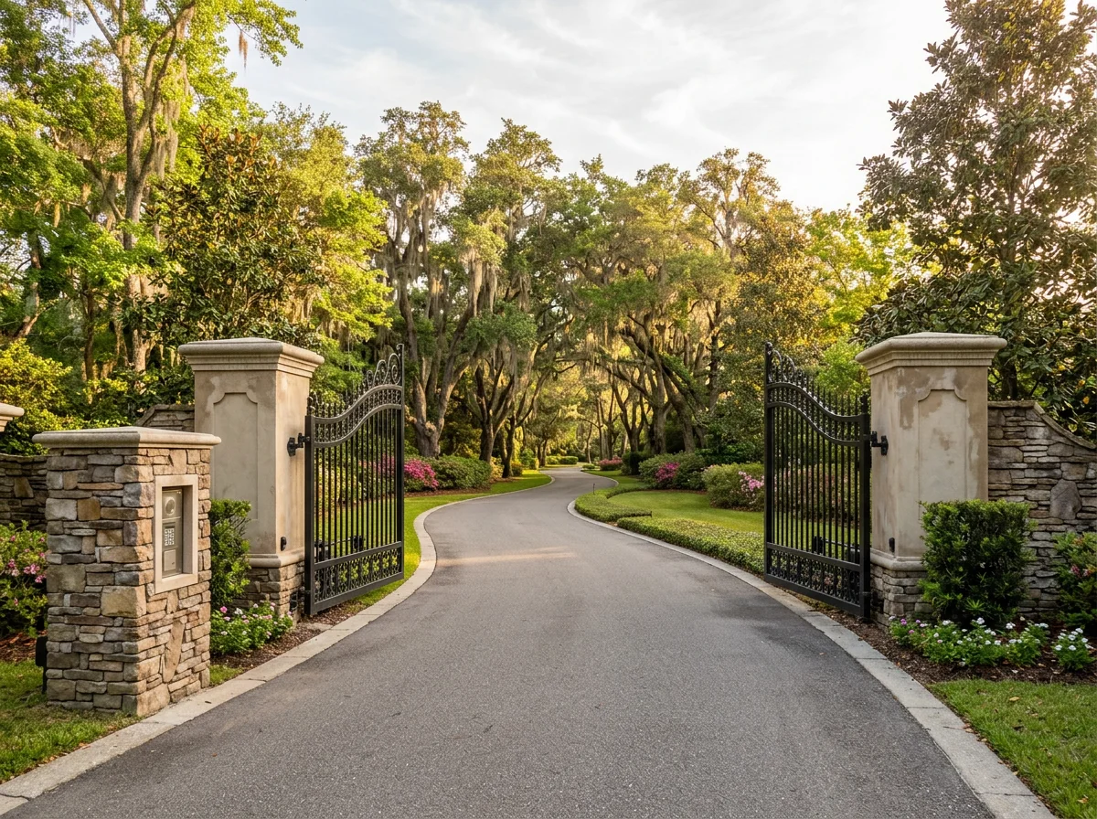 Automated estate entrance gate with stone pillars and iron panels