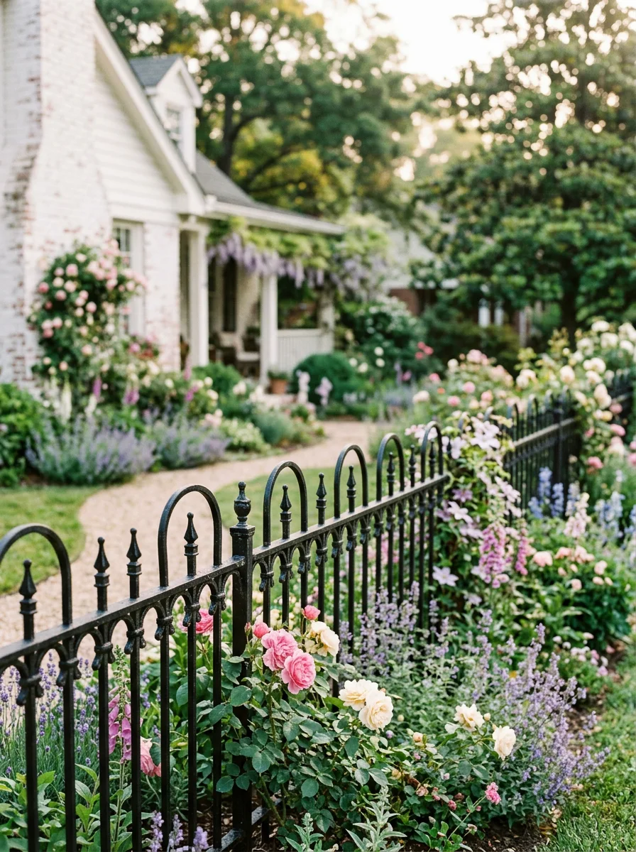 Decorative iron garden fence with arched top rails