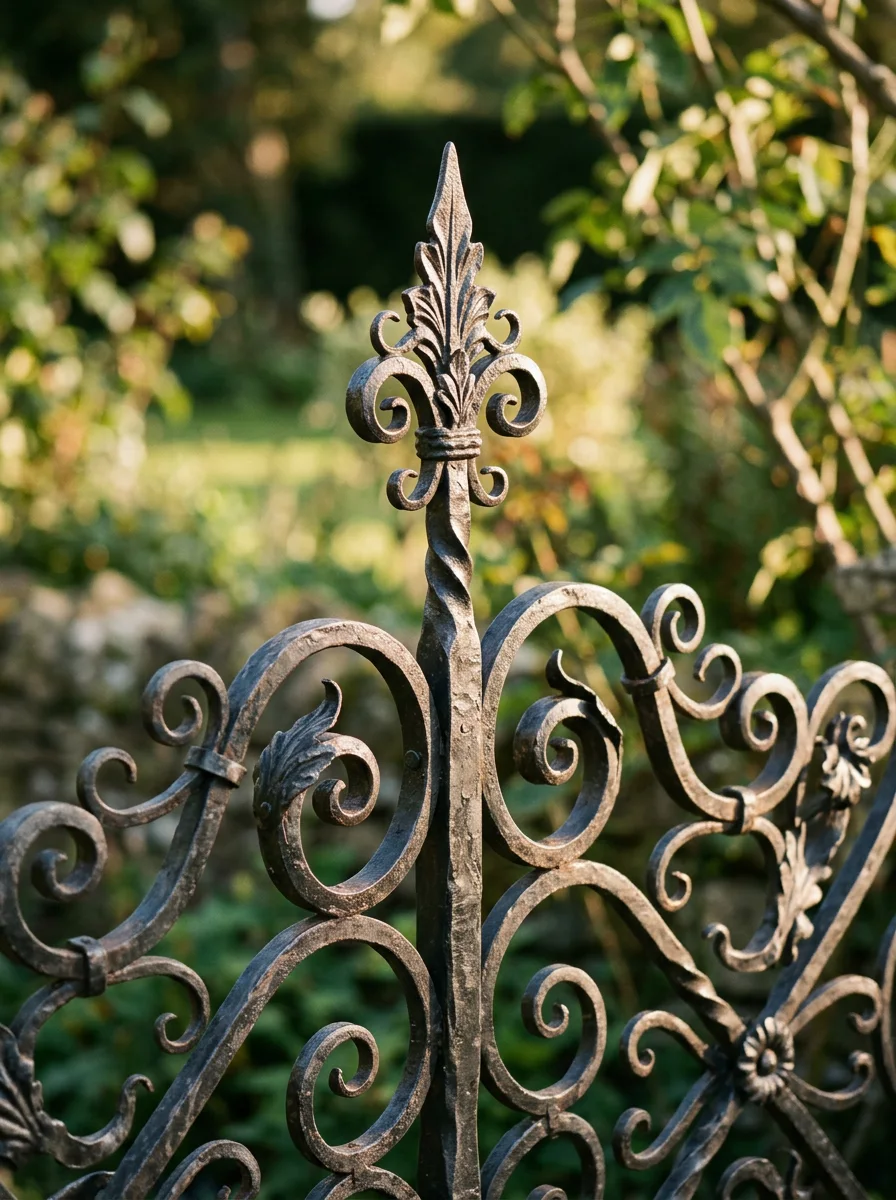 Ornamental iron scrollwork detail on a custom fence