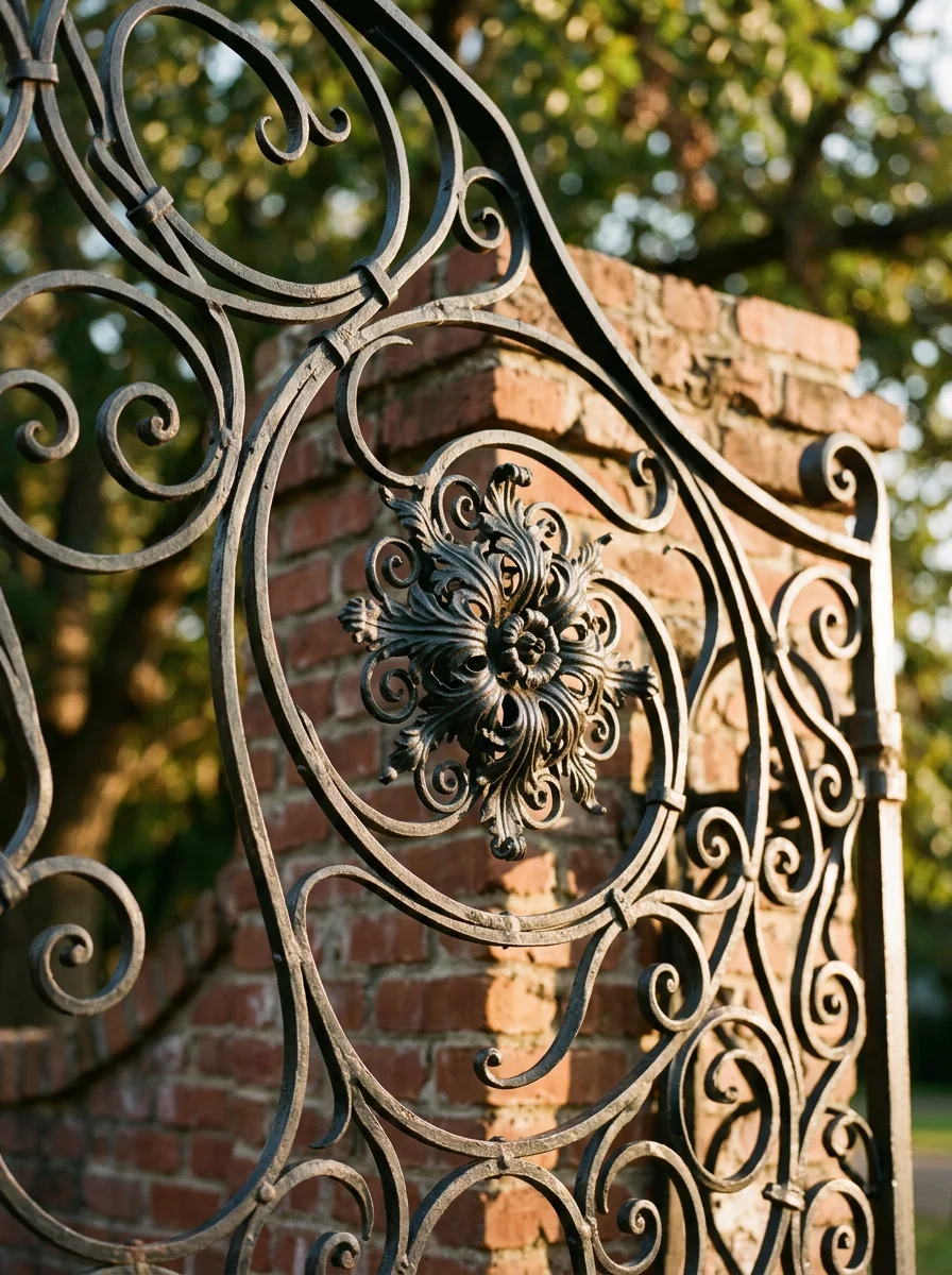 Ornamental iron detail on a Waco fence